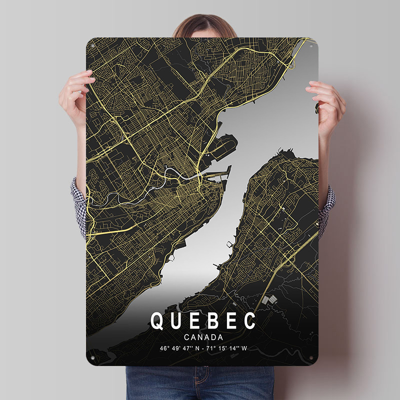 Retro Gaming Quebec - ملصق مطبوع لخريطة مدينة كيبيك الفضية،
